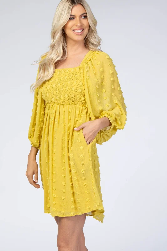 Yellow Textured Dot Smocked Square Neck Chiffon Dress