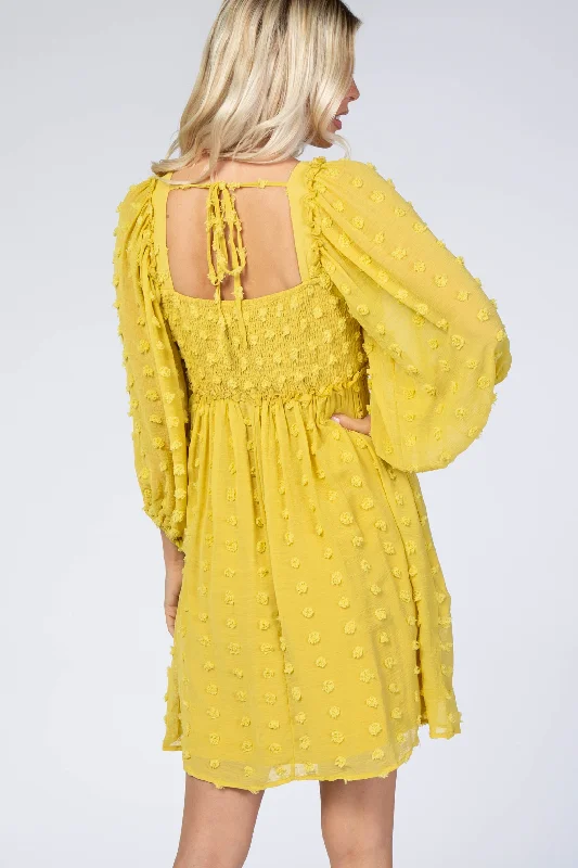 Yellow Textured Dot Smocked Square Neck Chiffon Dress