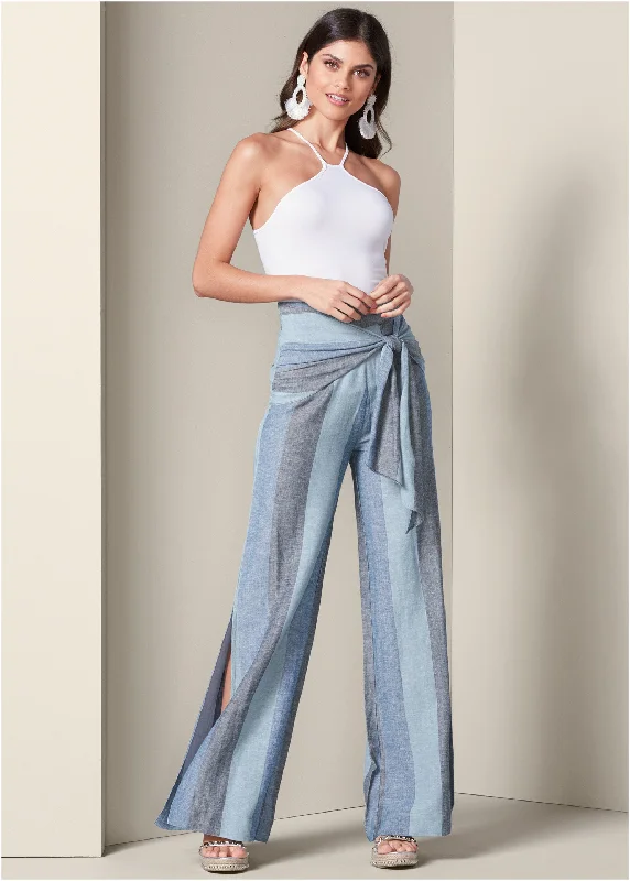 Striped wide leg linen pant - Blue Multi