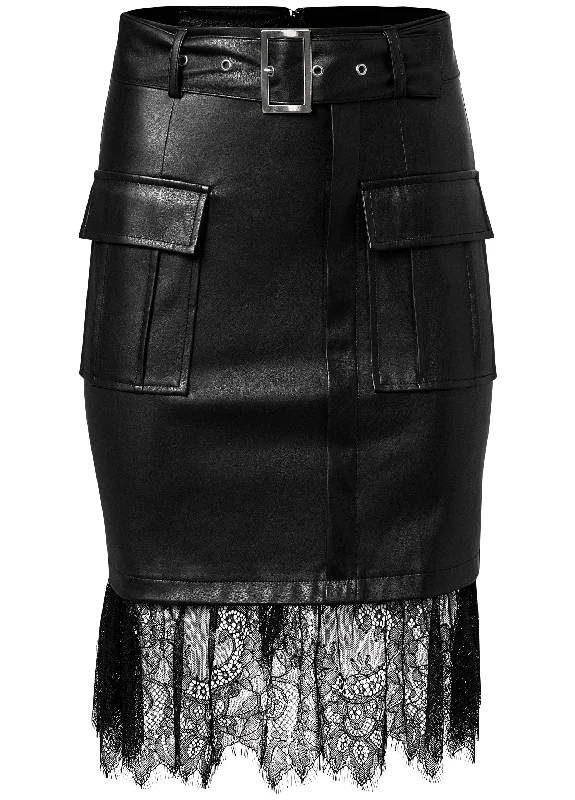 Lace hem faux-leather skirt - Black