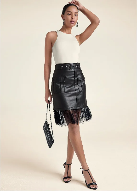 Lace hem faux-leather skirt - Black