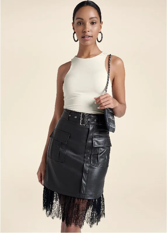 Lace hem faux-leather skirt - Black