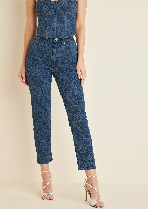 Lace print straight jeans - Medium Wash