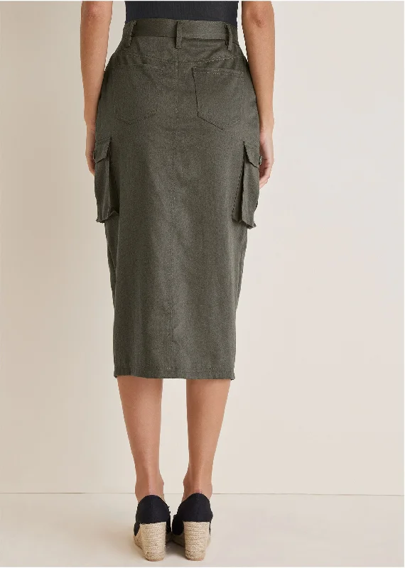 Twill cargo midi skirt - Olive