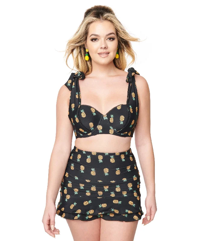 Unique Vintage Black & Pineapple Print Alice Swim Skirt