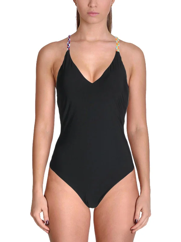 Womens Braided Back Plunge One-Piece Swimsuit