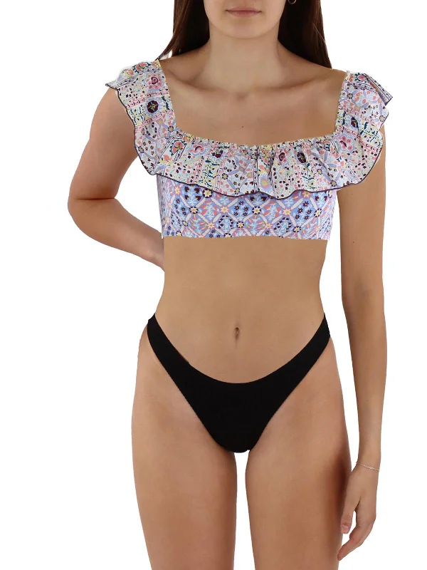 Womens Floral Print Off-The-Shoulder Bikini Swim Top