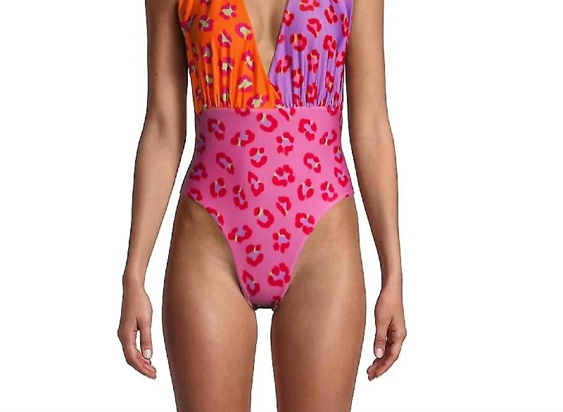 Women's Maxi Leopard Patch Front One Piece Swimsuit In Orange Multi