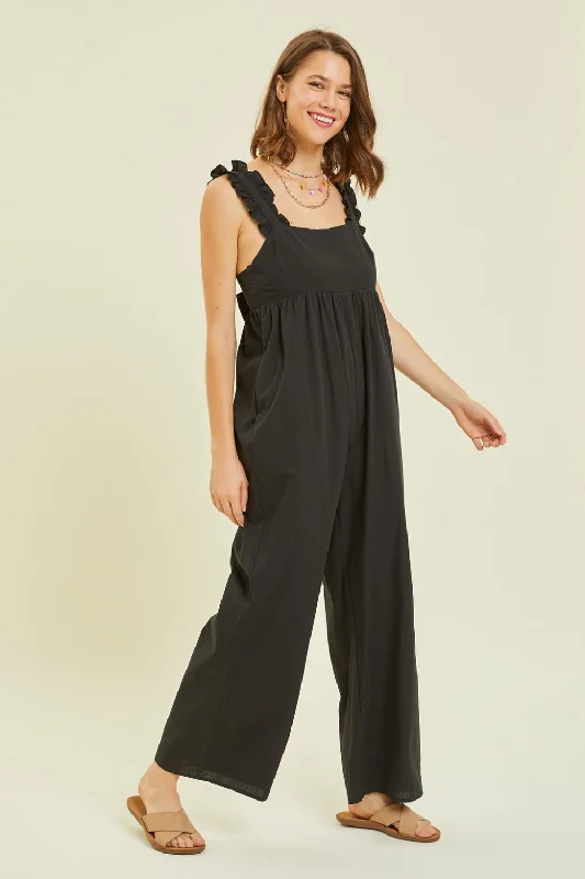 Hot Girl Ruffled Strap Back Tie Wide Leg Linen Jumpsuit In Black