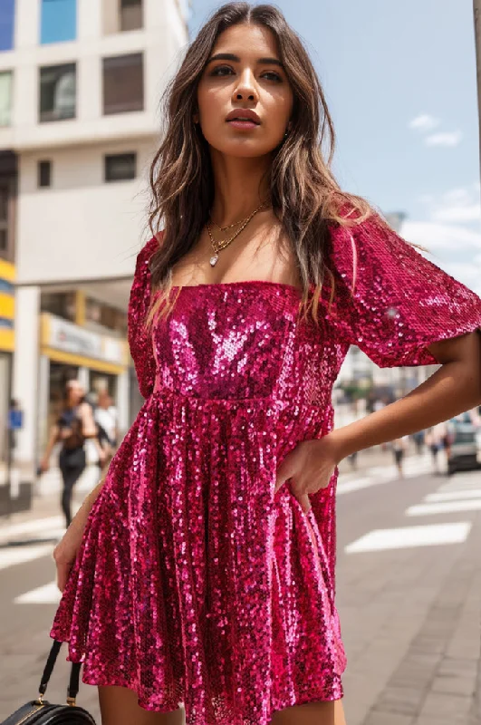 Hot Girl Sequin Square Neck Balloon Sleeve Romper In Hot Pink