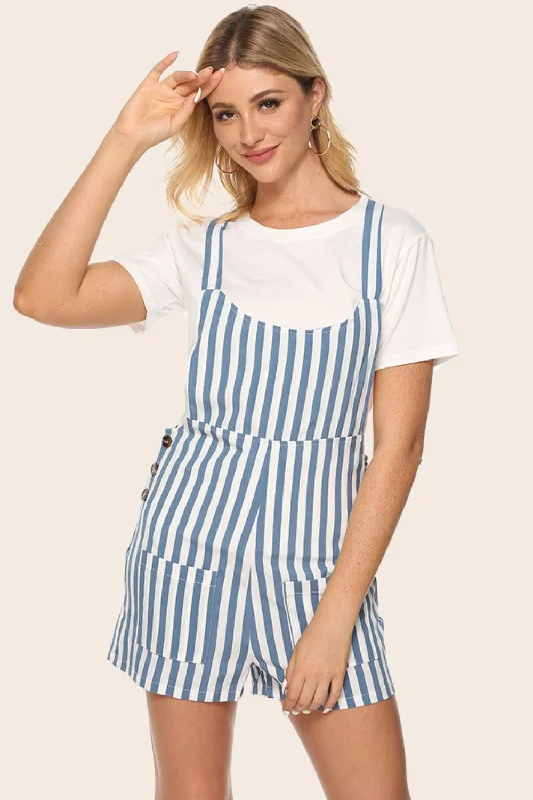 Hot Girl Striped Scoop Neck Overalls In Blue