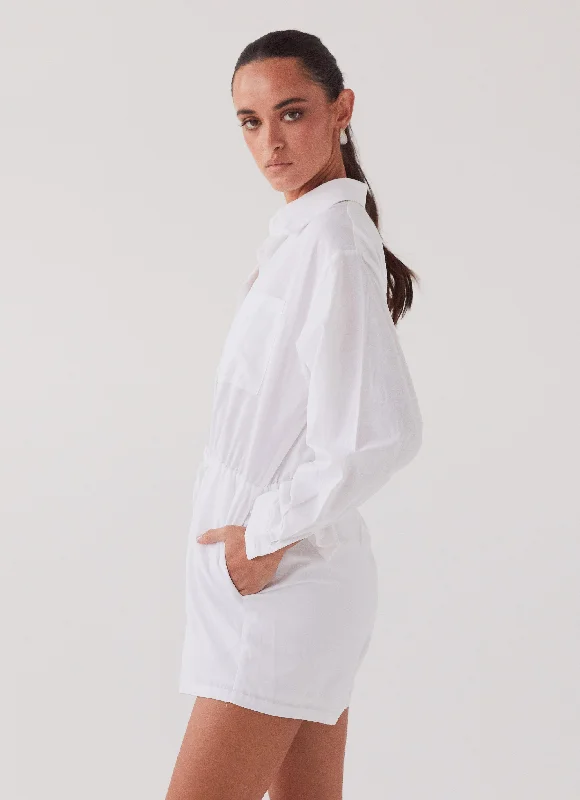 Unwind Linen Shirt Playsuit - White