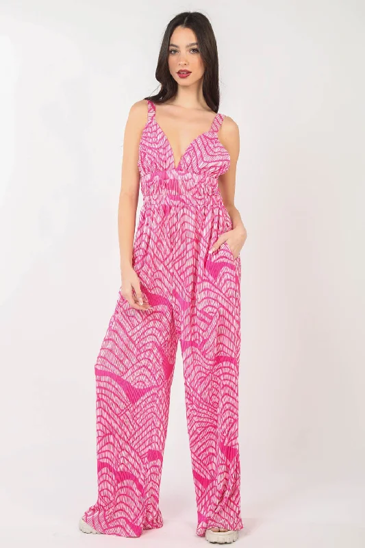 Hot Girl Geometric Pleated Sleeveless Wide Leg Jumpsuit In Hot Pink