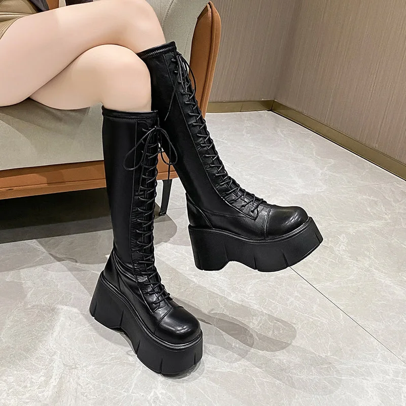 Fiona-101 Lace Up Platform Knee-High Boots