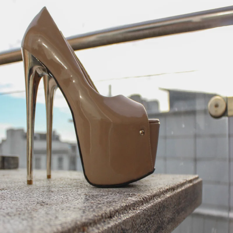 Beige Gloss Peep Toe Metallic High Heels