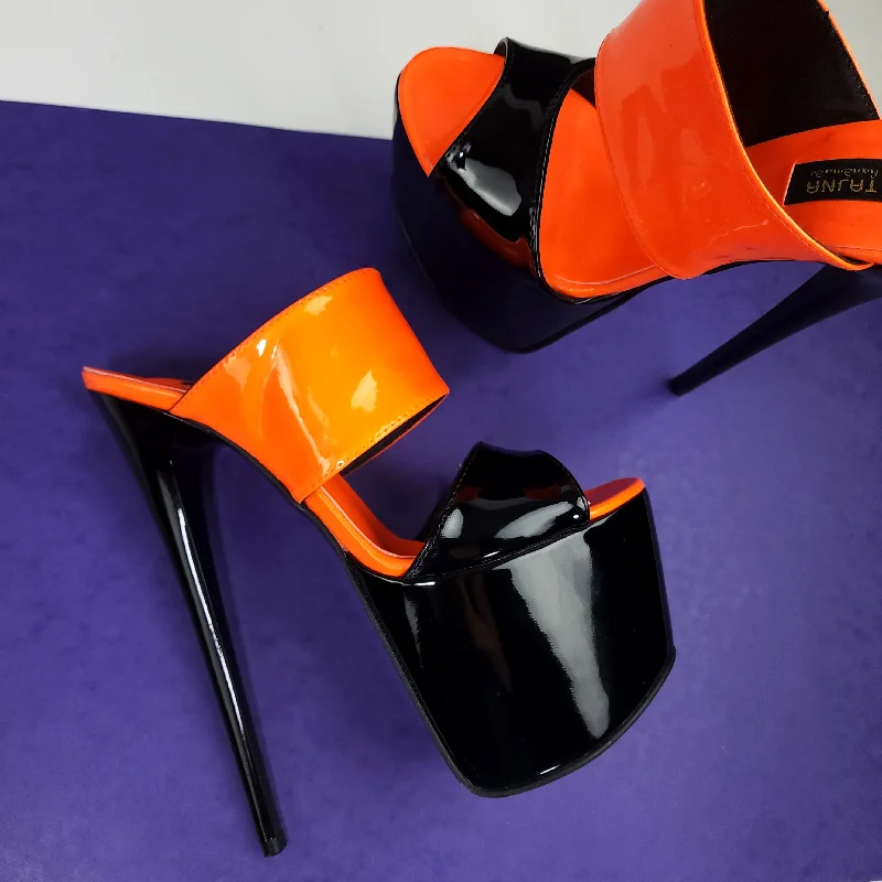 Black Orange Gloss Double Strap Mules