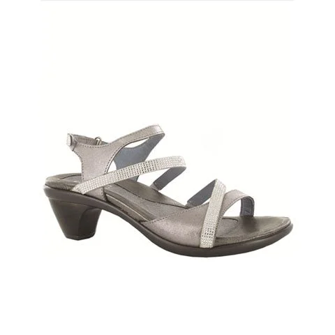 Naot Innovate Heeled Sandal (Women) - Silver Threads Leather/Beige/Clear Rhinestones