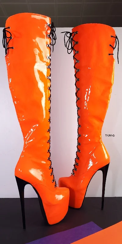 Orange Neon Gloss Military Style High Heel Boots