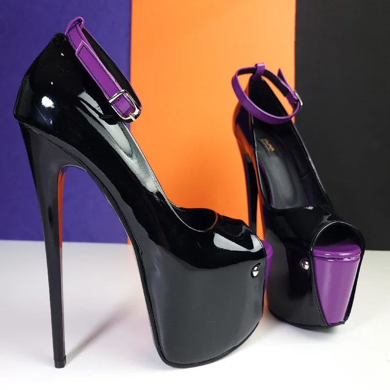 Purple Black Gloss Ankle Strap Peep Toe Heels