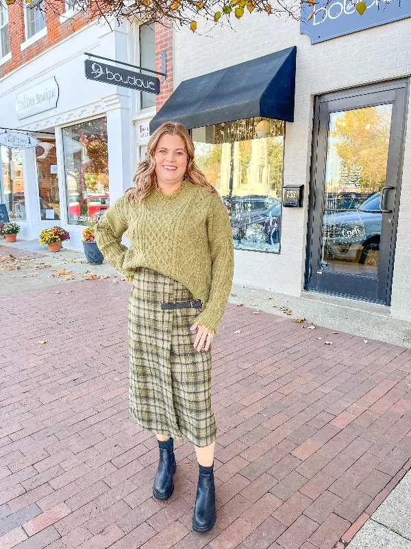 Olive Plaid Wool Wrapped Midi Skirt