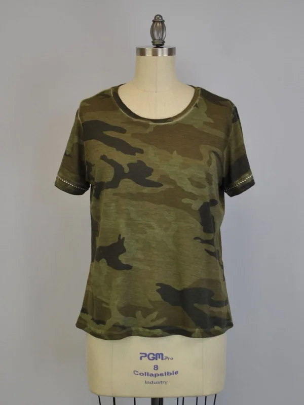 Embellished Sleeve Oil Dye Camo Top