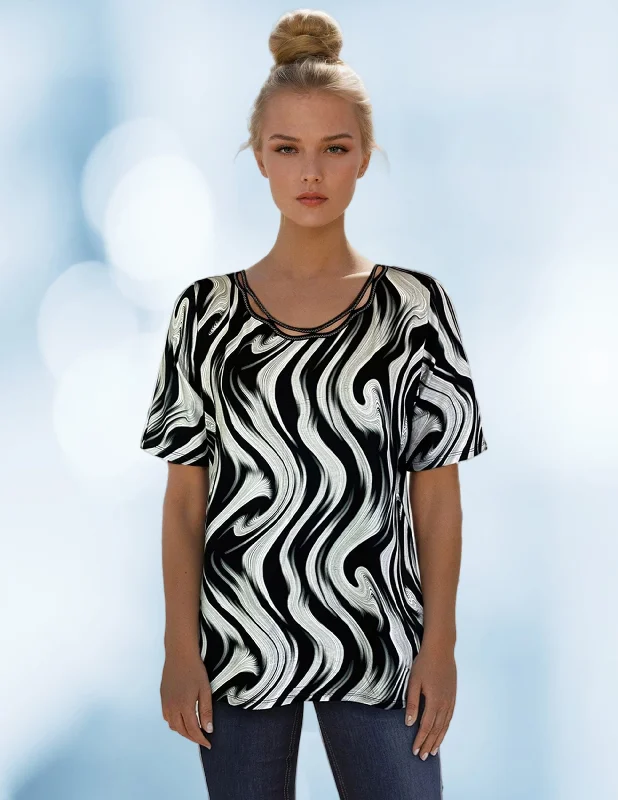 Knit Printed Top with Neck stitching detail (D27749) Black Swirl