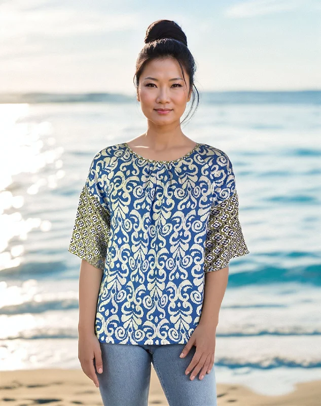 Twin Print Woven Raglan Sleeve Blouse (D27836) Bodrum Blue