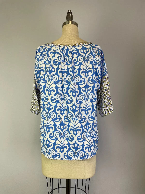 Twin Print Woven Raglan Sleeve Blouse (D27836) Bodrum Blue