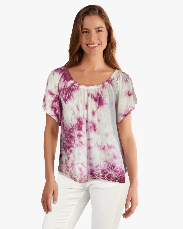 Tie Dye Raglan Sleeve Lace Hem Top in Cactus Flower