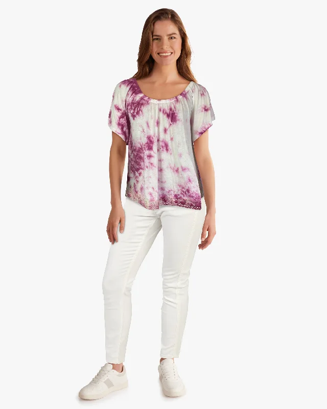 Tie Dye Raglan Sleeve Lace Hem Top in Cactus Flower