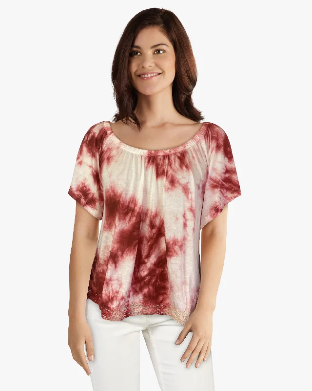 Tie Dye Raglan Sleeve Lace Hem Top