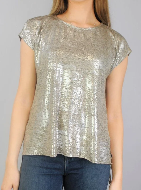 Foil Print Step Hem Top - Coffee Silver (D1556)