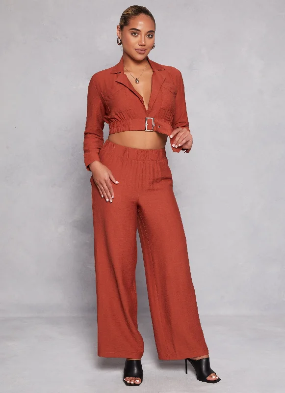 Solid Linen High Waist Wide Leg Pants